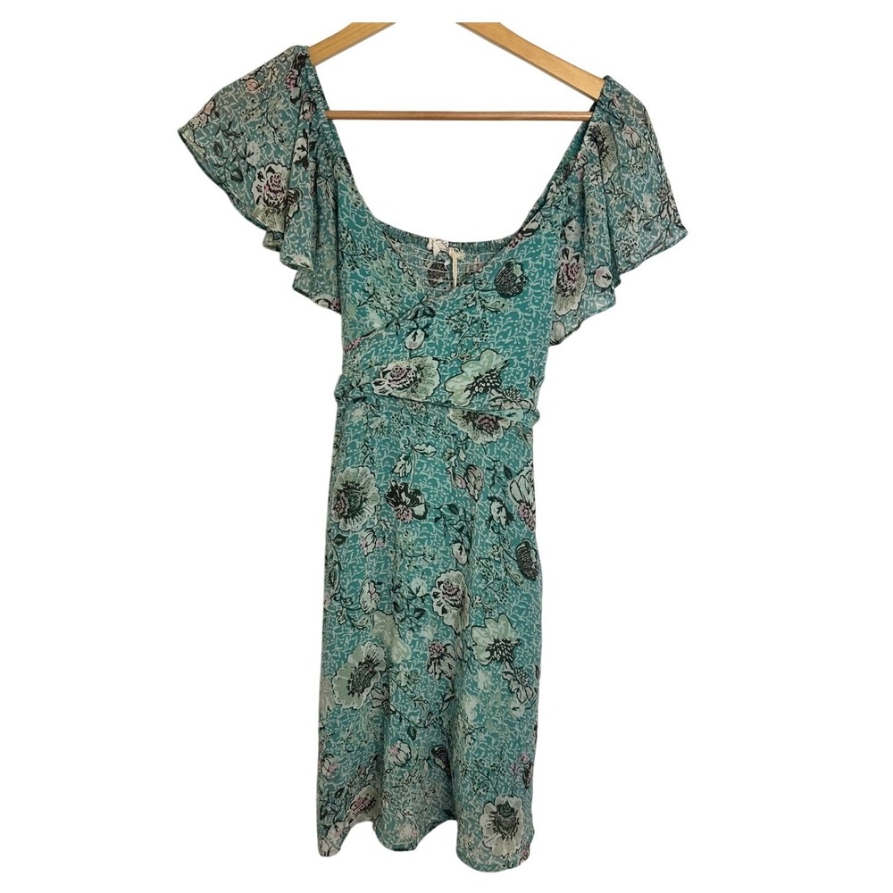 Y2K Mystree Women Small Teal Floral Flutter Sleeve Boho Smocked Mini Dress Fairy